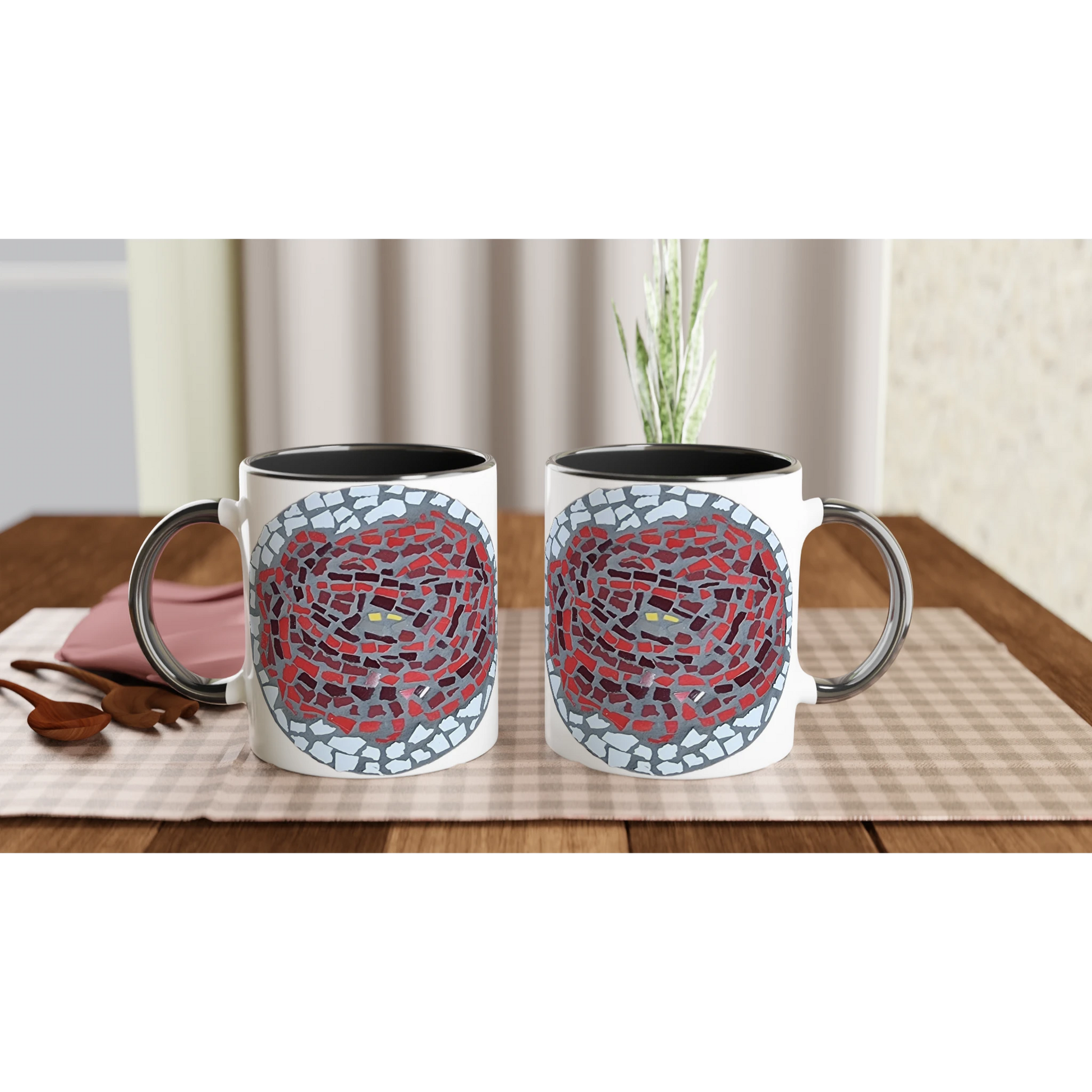 black rimmed mug mockup with 2 mugs with rose coaster mosaic design made in Sebastopol Victoria 