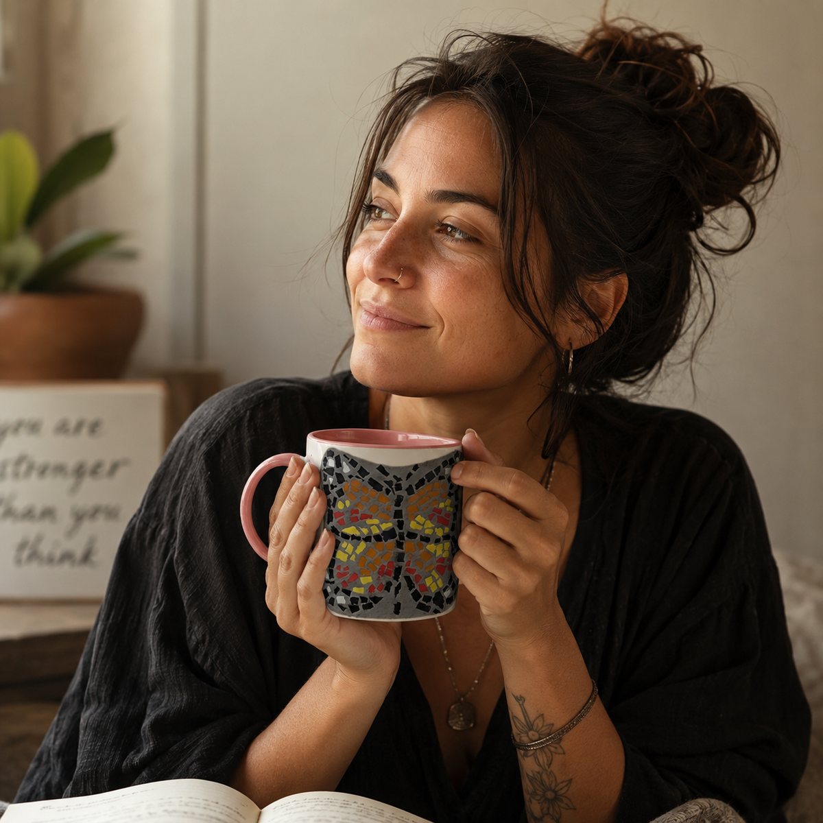 Butterfly Coaster Ceramic Mug | 11oz Colour-Accent Butterfly Art Mug