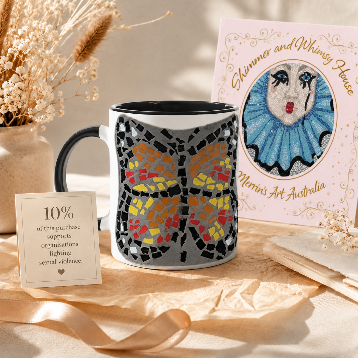 Butterfly Coaster Ceramic Mug | 11oz Colour-Accent Butterfly Art Mug
