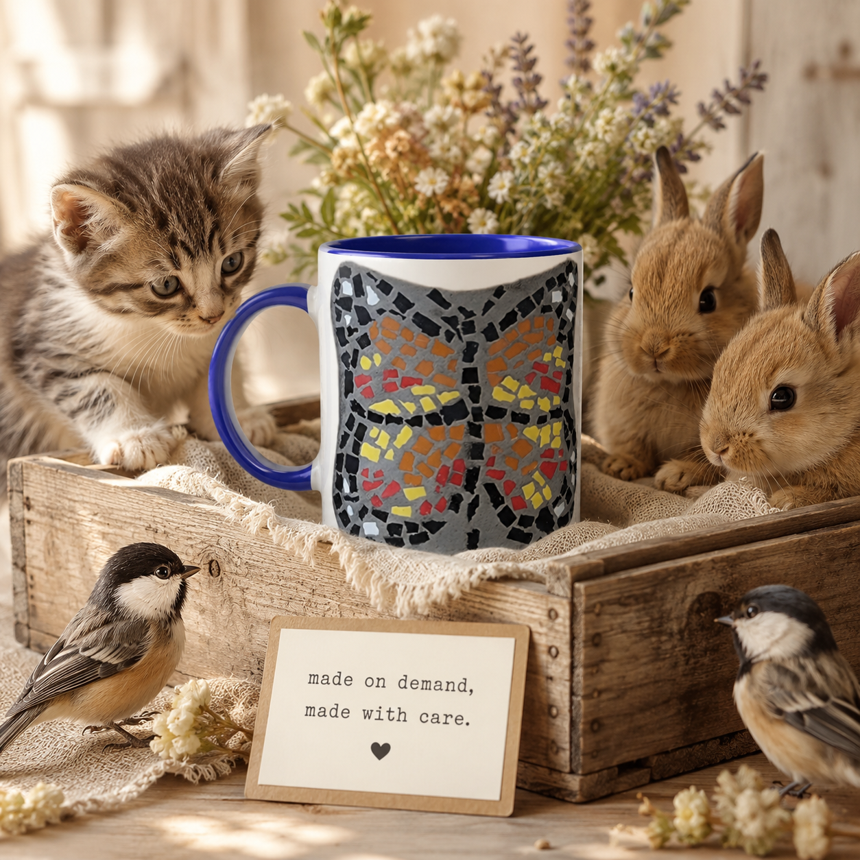 Butterfly Coaster Ceramic Mug | 11oz Colour-Accent Butterfly Art Mug