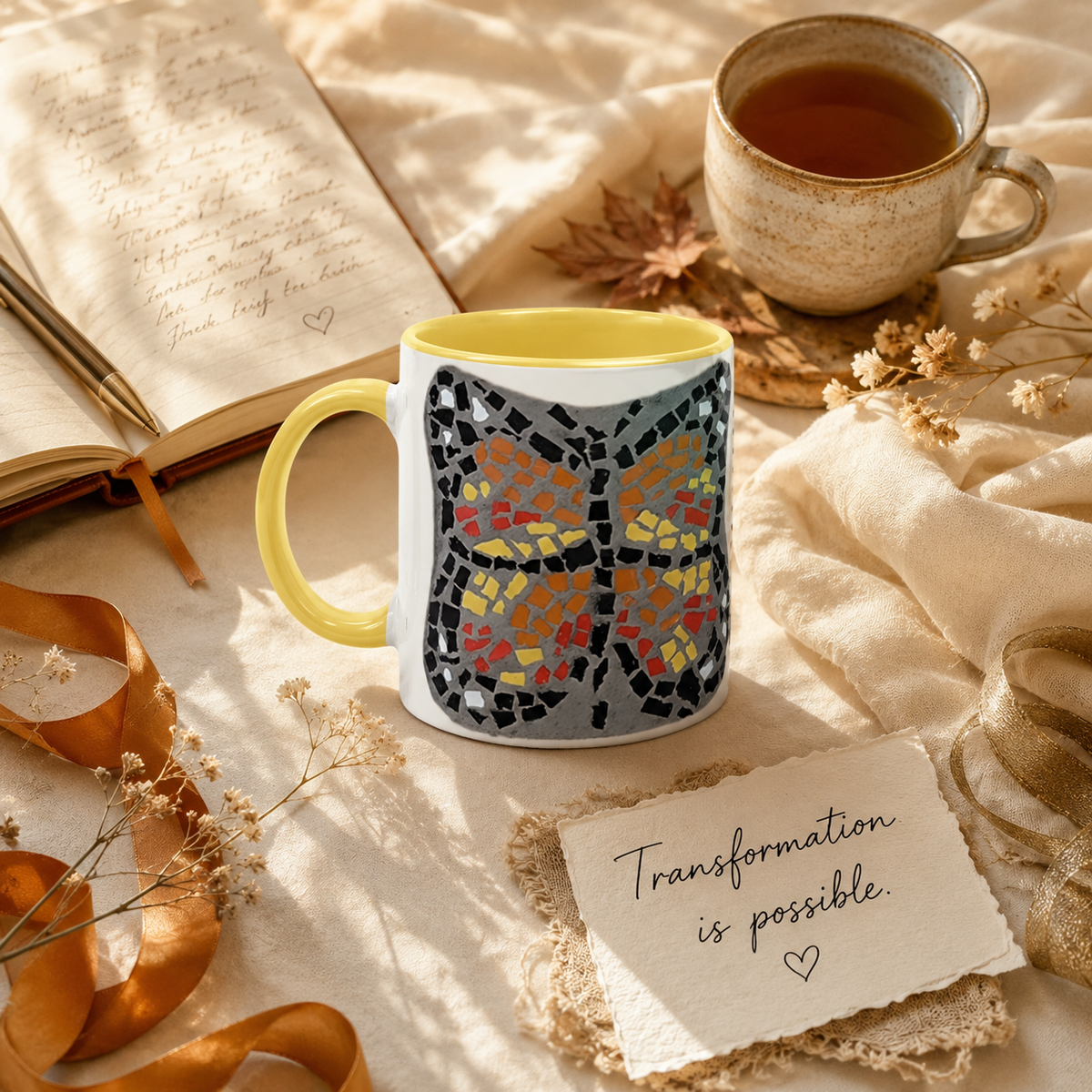 Butterfly Coaster Ceramic Mug | 11oz Colour-Accent Butterfly Art Mug