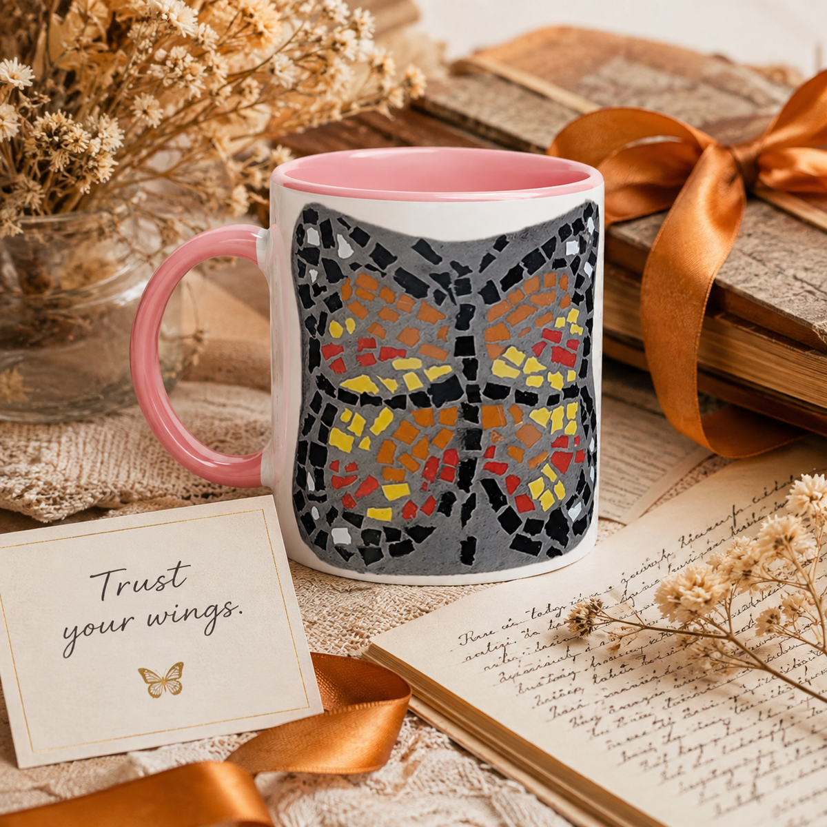 Butterfly Coaster Ceramic Mug | 11oz Colour-Accent Butterfly Art Mug