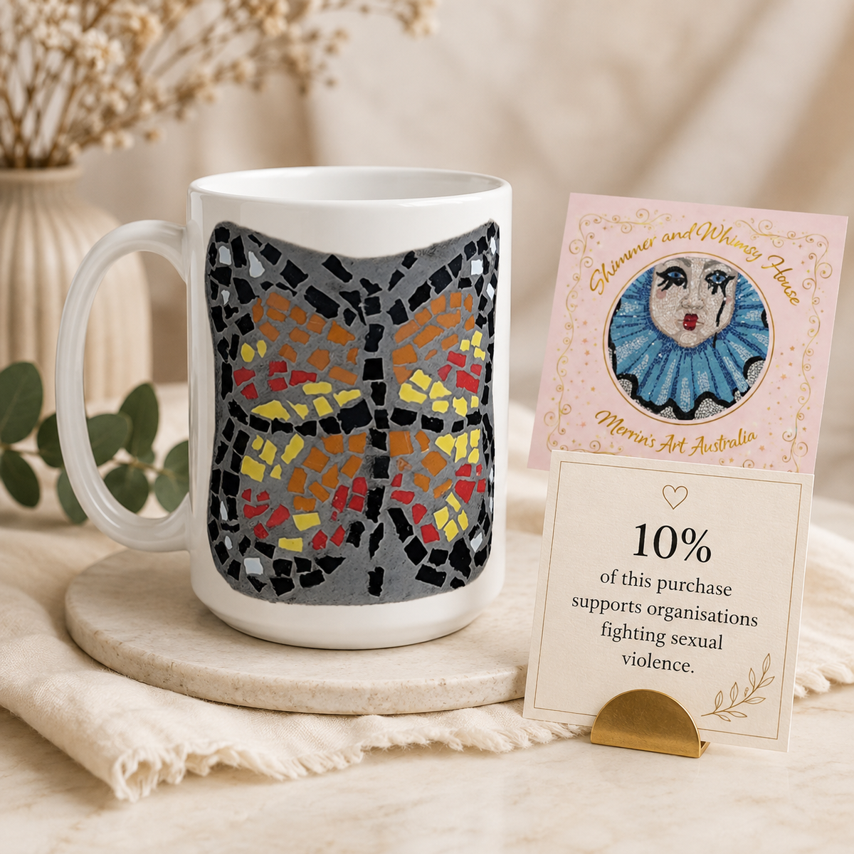 Butterfly Coaster Ceramic Mug | 15oz Butterfly Art Mug