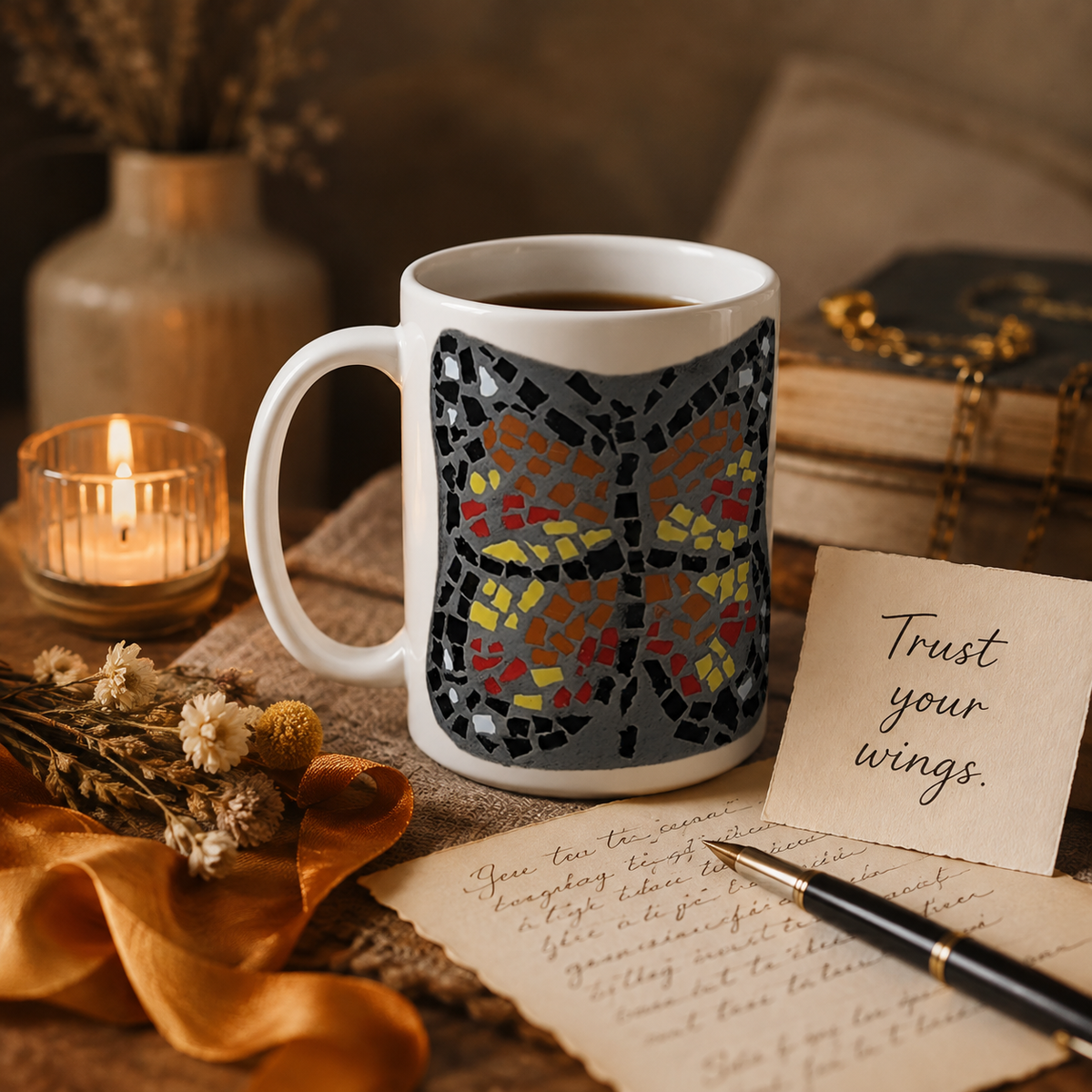 Butterfly Coaster Ceramic Mug | 15oz Butterfly Art Mug