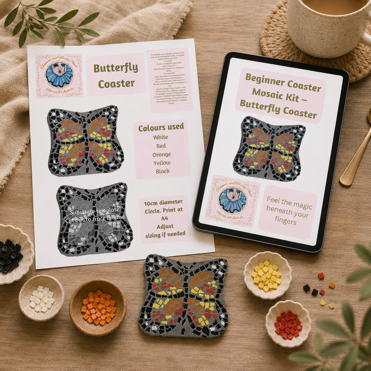 Butterfly Mosaic Coaster DIY Kit – 10cm Shaped | Beginner-Friendly  | 🌱 Level 1