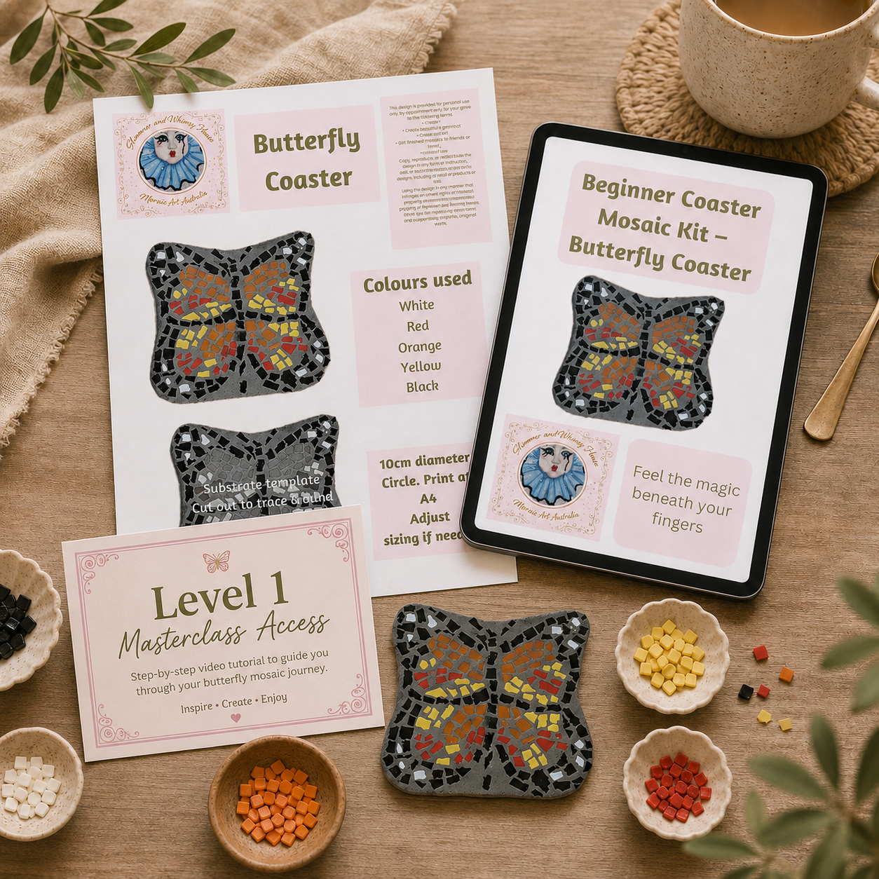 Butterfly Mosaic Coaster DIY Kit – 10cm Shaped | Beginner-Friendly  | 🌱 Level 1