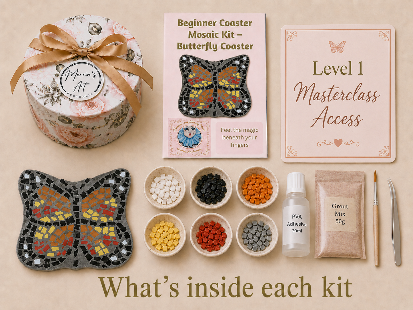 Butterfly Mosaic Coaster DIY Kit – 10cm Shaped | Beginner-Friendly  | 🌱 Level 1