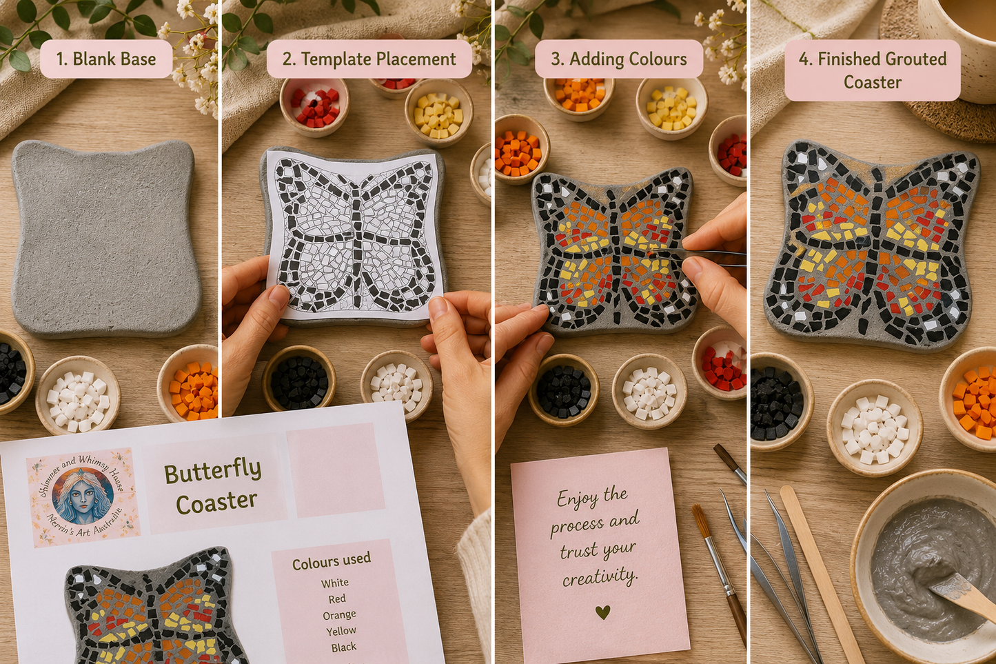 Butterfly Mosaic Coaster DIY Kit – 10cm Shaped | Beginner-Friendly  | 🌱 Level 1
