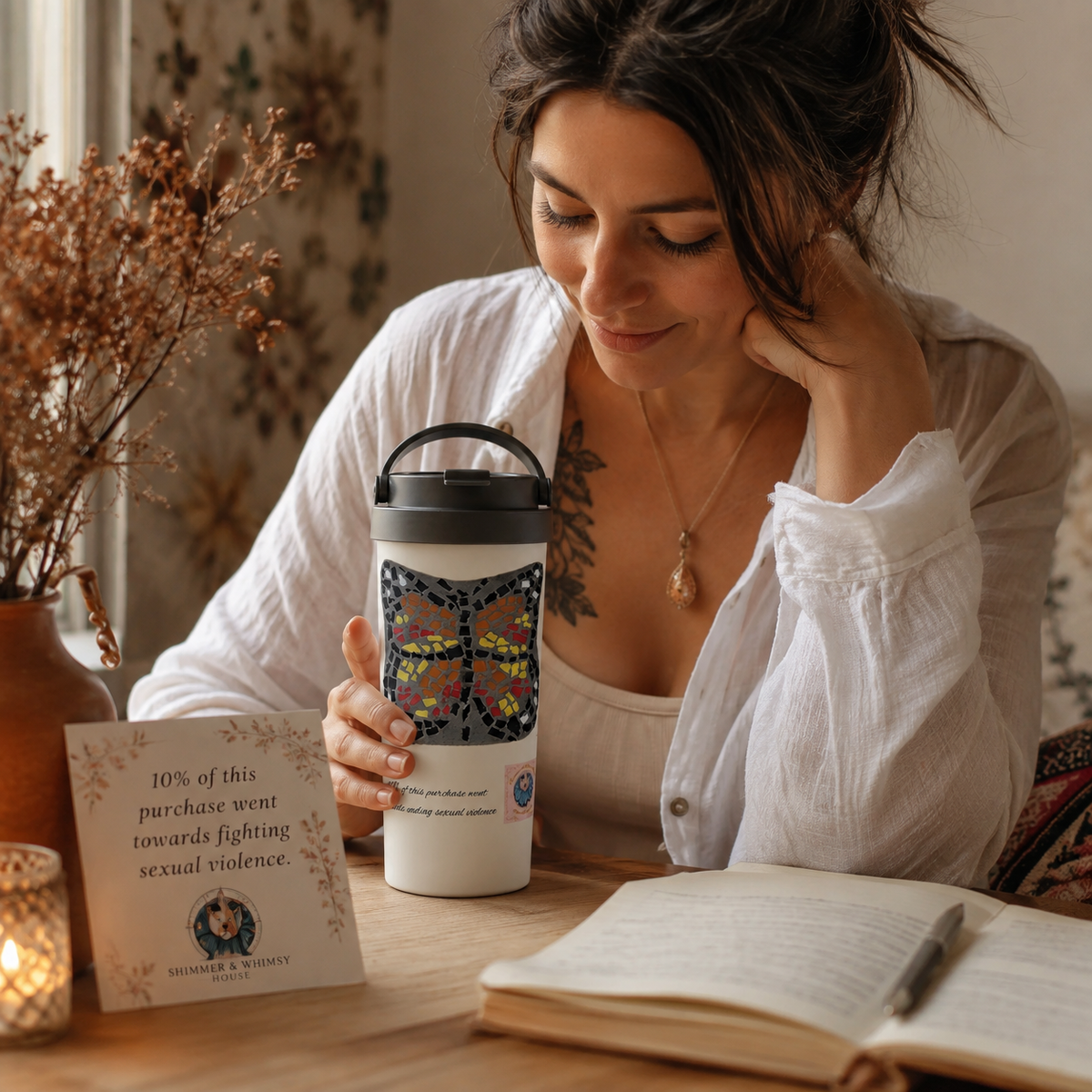 Butterfly Coaster Travel Mug | 15oz Stainless Steel Art Mug
