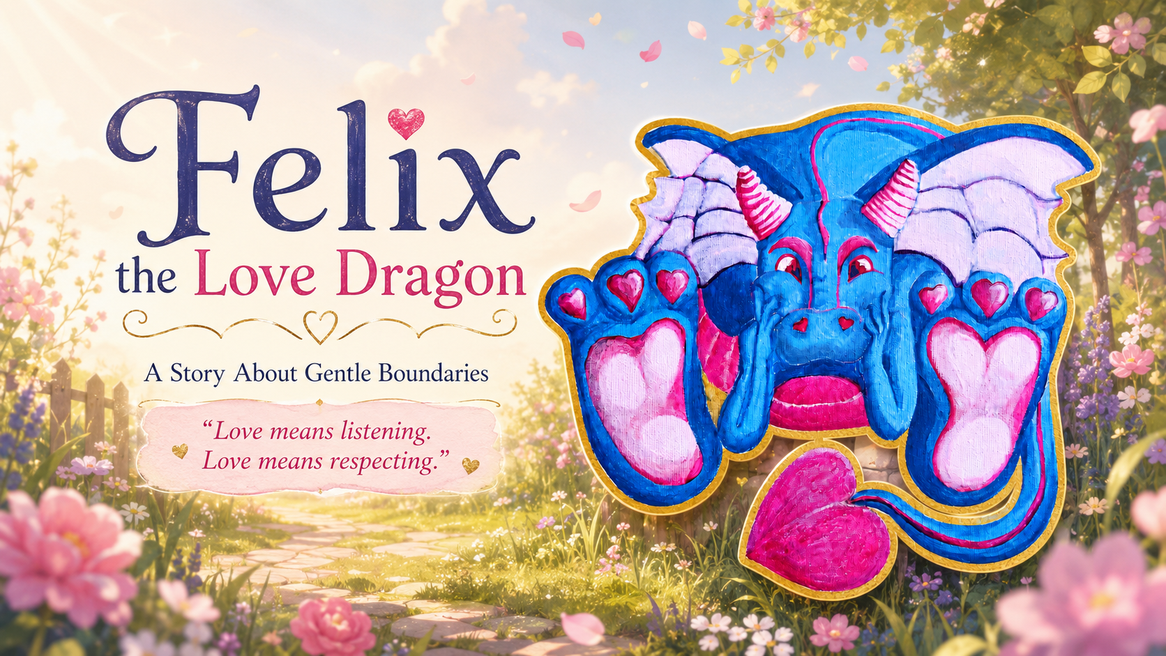 Load video: Felix the Love Dragon hero image featuring a bright affectionate dragon artwork with pink hearts, blue wings, and a soft golden outline, set in a warm flower-filled garden with elegant story text about gentle boundaries, symbolising emotional resilience, respectful friendship, and learning that a hug is one way to show care but respect is another.