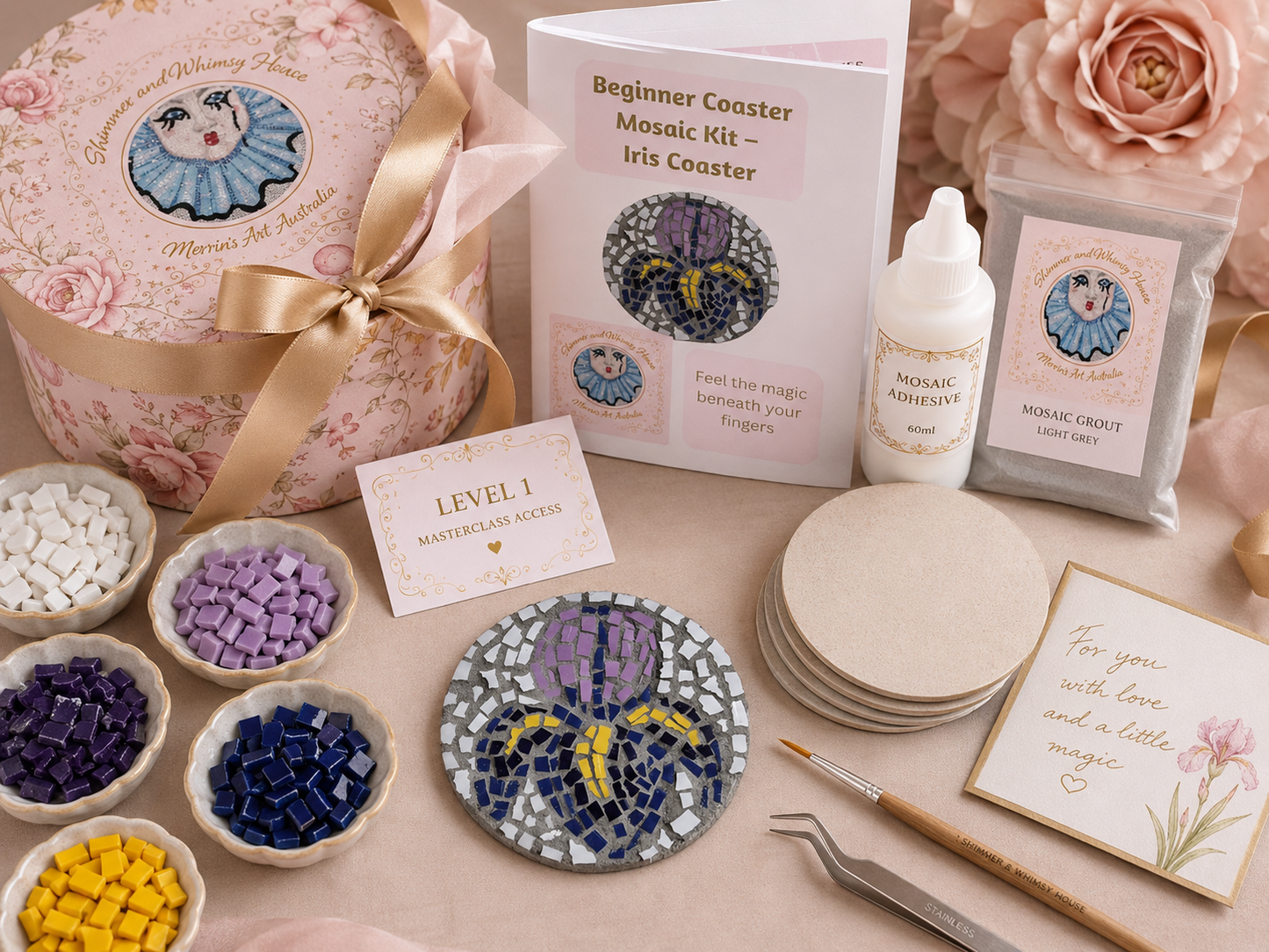 Iris Mosaic Coaster DIY Kit – 10cm Round | Beginner-Friendly  | 🌱 Level 1