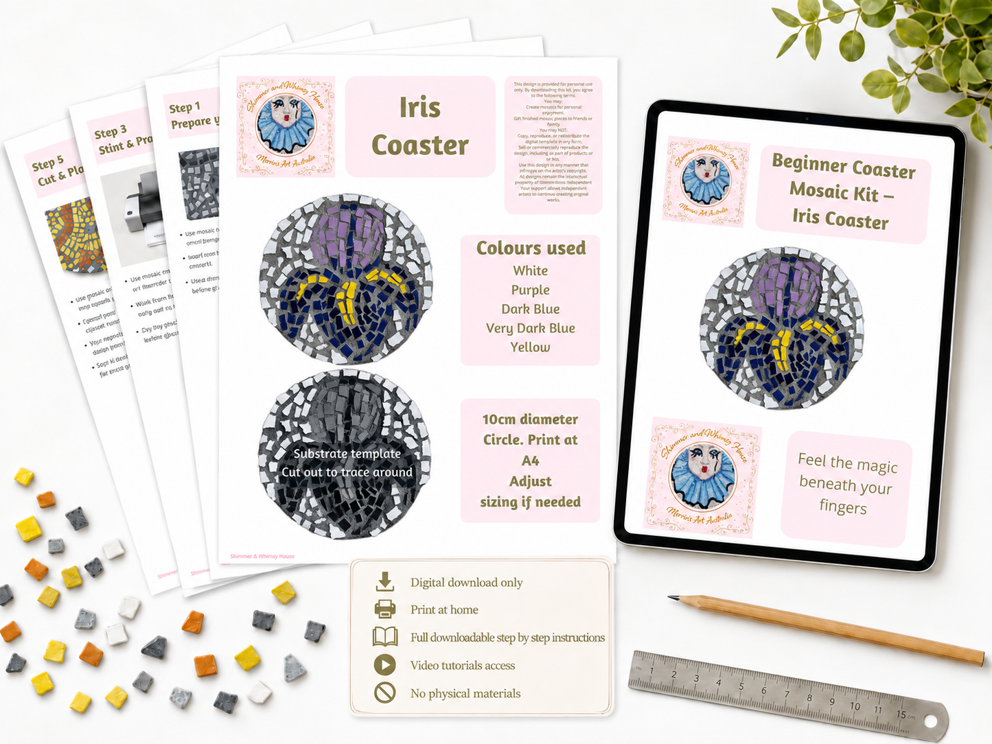 Iris Mosaic Coaster DIY Kit – 10cm Round | Beginner-Friendly  | 🌱 Level 1