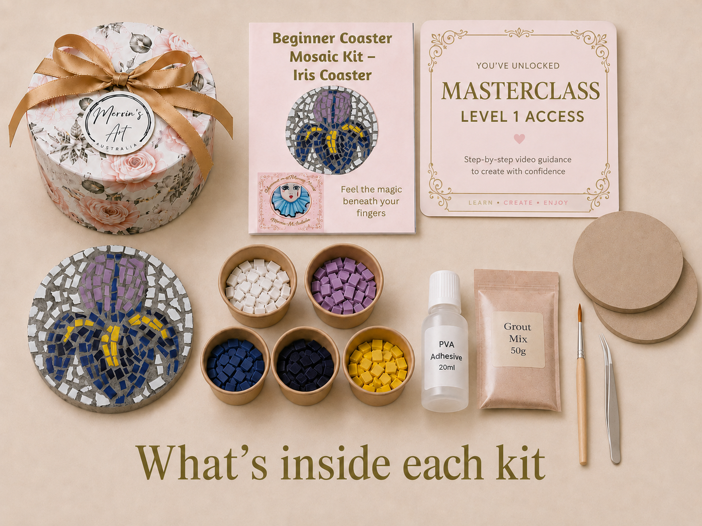 Iris Mosaic Coaster DIY Kit – 10cm Round | Beginner-Friendly  | 🌱 Level 1