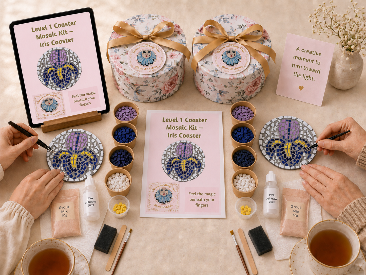 Iris Mosaic Coaster DIY Kit – 10cm Round | Beginner-Friendly  | 🌱 Level 1