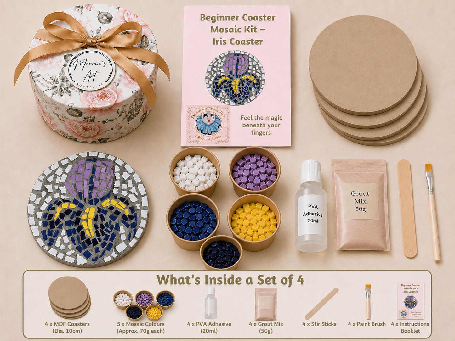 Iris Mosaic Coaster DIY Kit – 10cm Round | Beginner-Friendly  | 🌱 Level 1