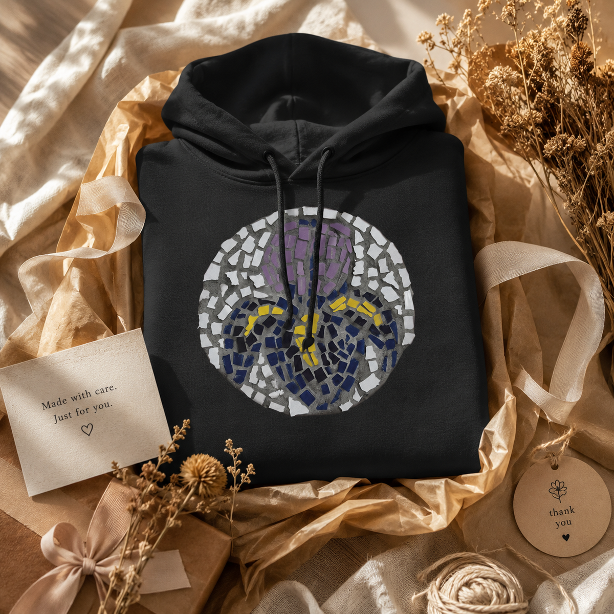 “Iris” Coaster Mosaic Hoodie | Wearable Floral Art Hoodie