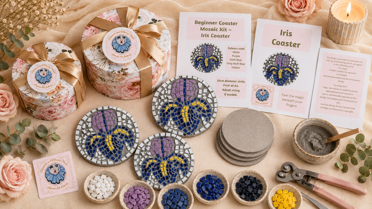 Iris Mosaic Coaster DIY Kit – 10cm Round | Beginner-Friendly  | 🌱 Level 1