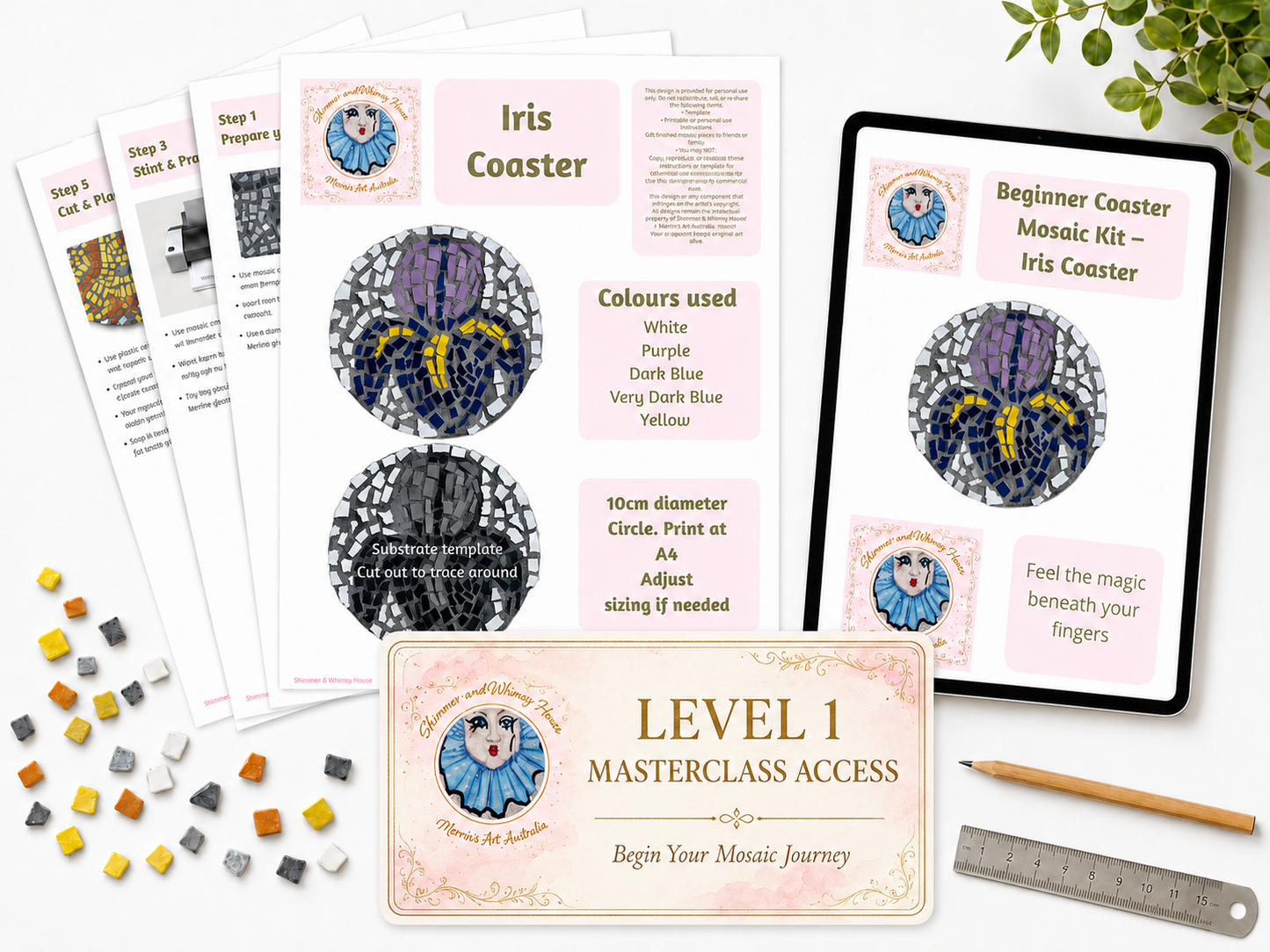 Iris Mosaic Coaster DIY Kit – 10cm Round | Beginner-Friendly  | 🌱 Level 1