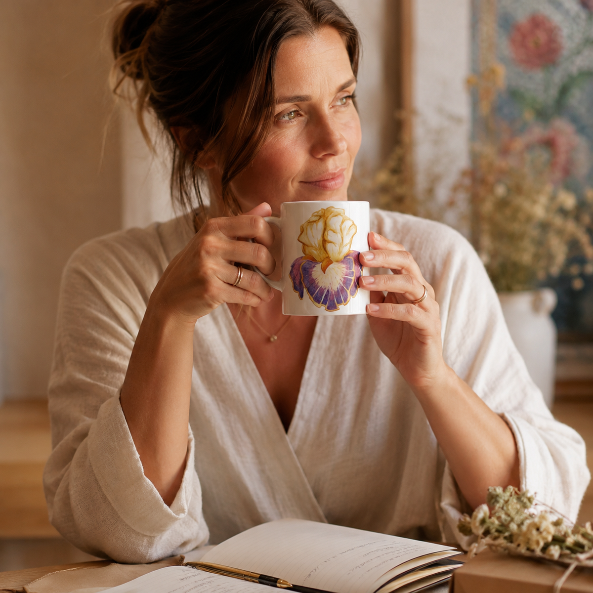 Iris of Solara Ceramic Mug (11oz) | Floral Art Mug with Printed Design