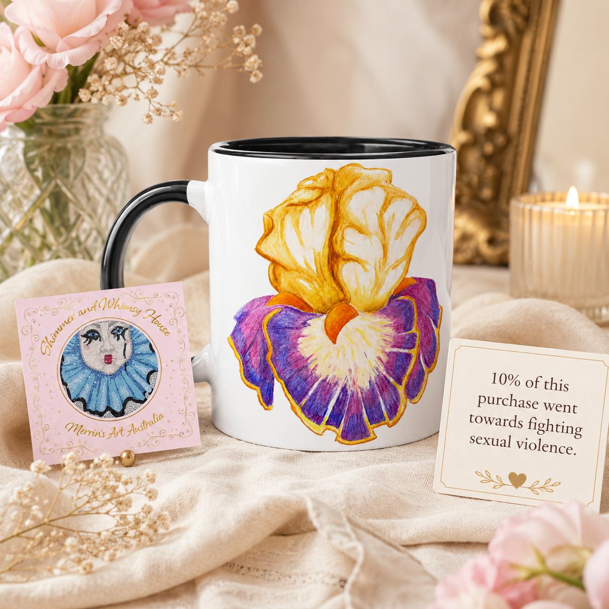 Iris of Solara Ceramic Mug (11oz) | Floral Art Mug with Printed Design