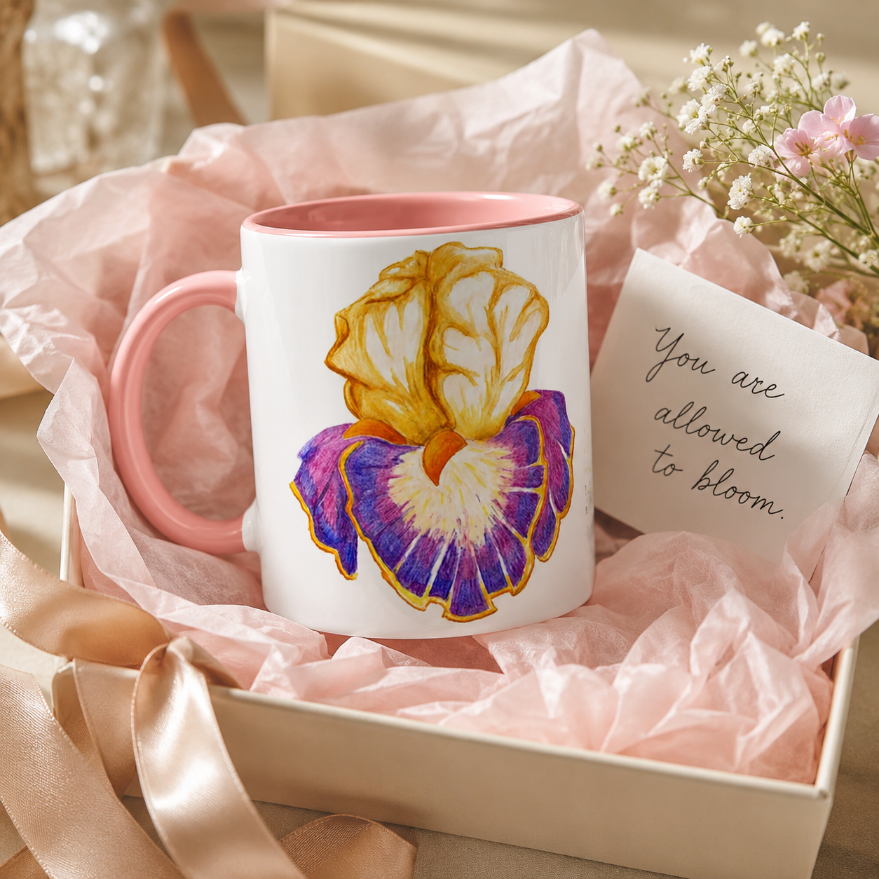 Iris of Solara Ceramic Mug (11oz) | Floral Art Mug with Printed Design