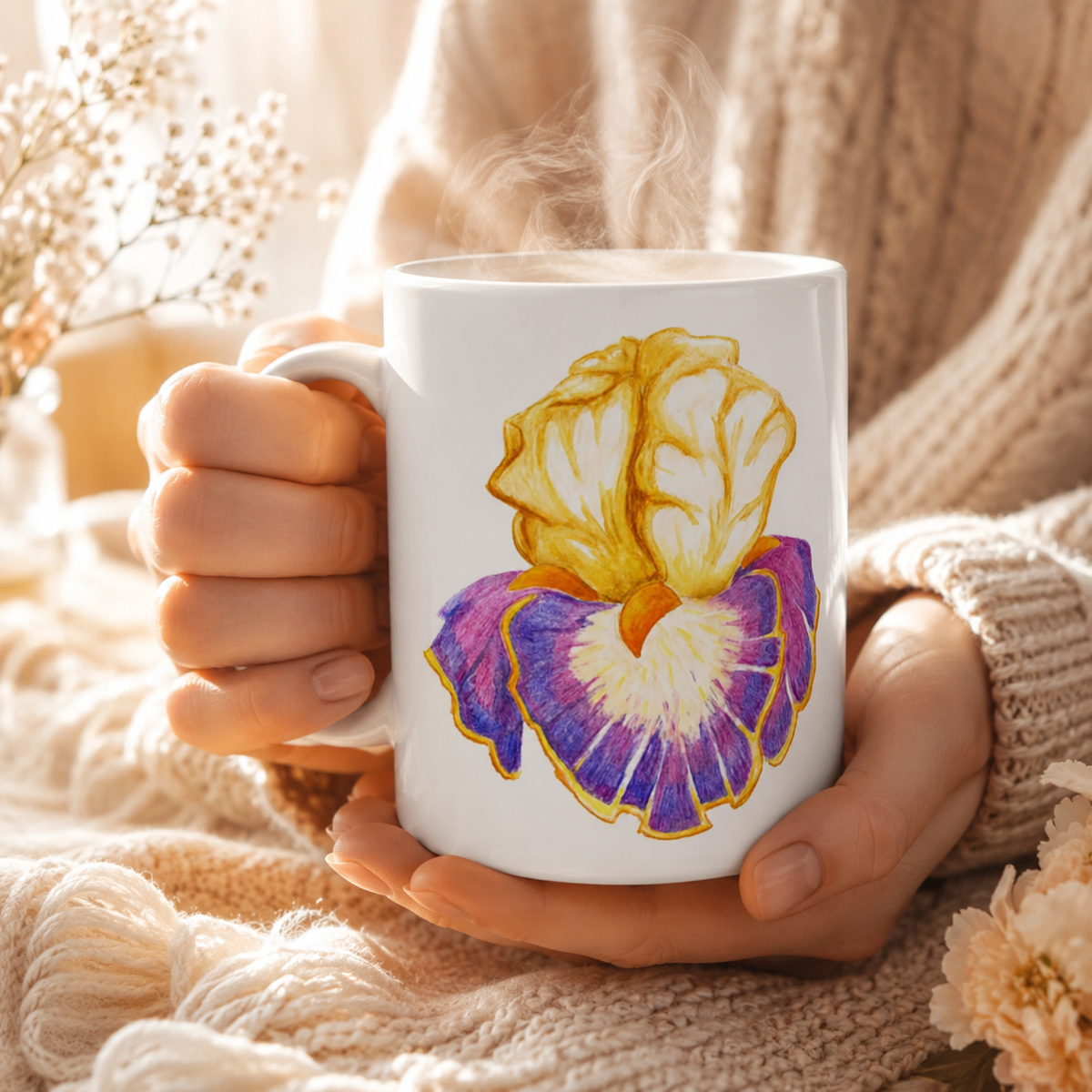 Iris of Solara Ceramic Mug | Floral Watercolour Pencil Art Mug