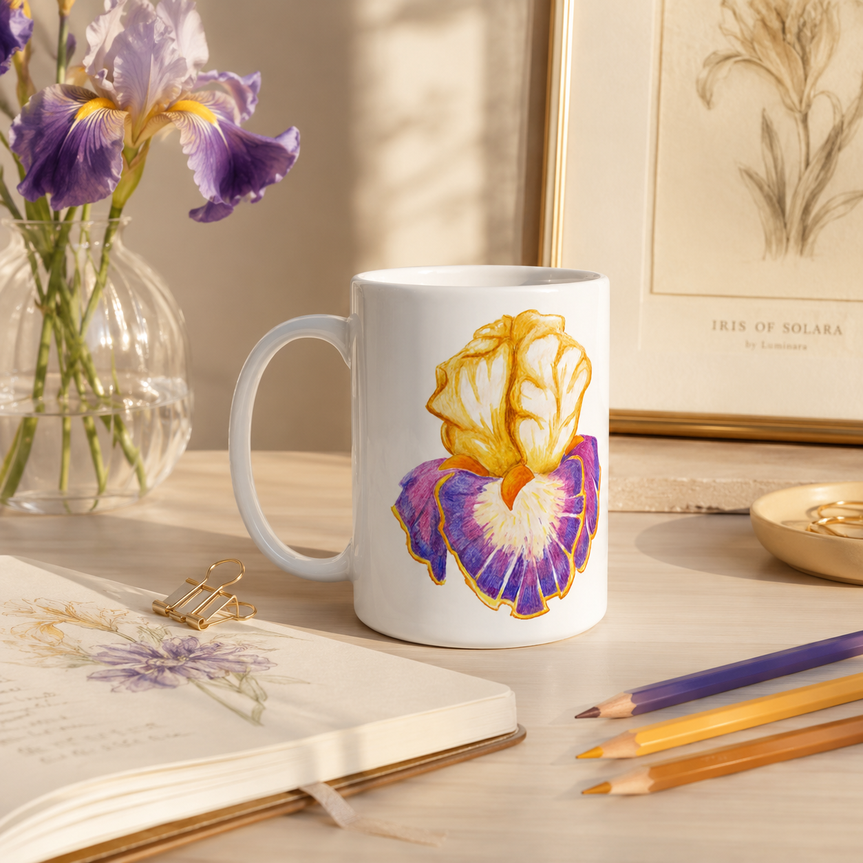 Iris of Solara Ceramic Mug | Floral Watercolour Pencil Art Mug