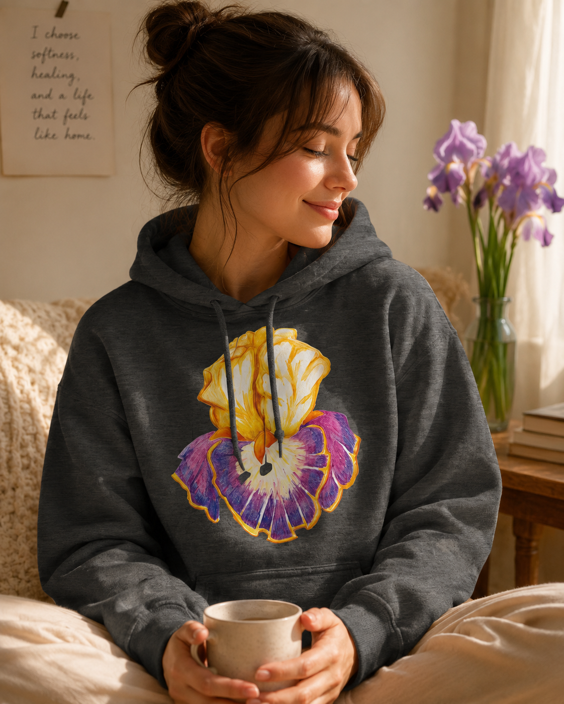 Iris of Solara Mid-Weight Hoodie | Floral Art Hoodie with Printed Design