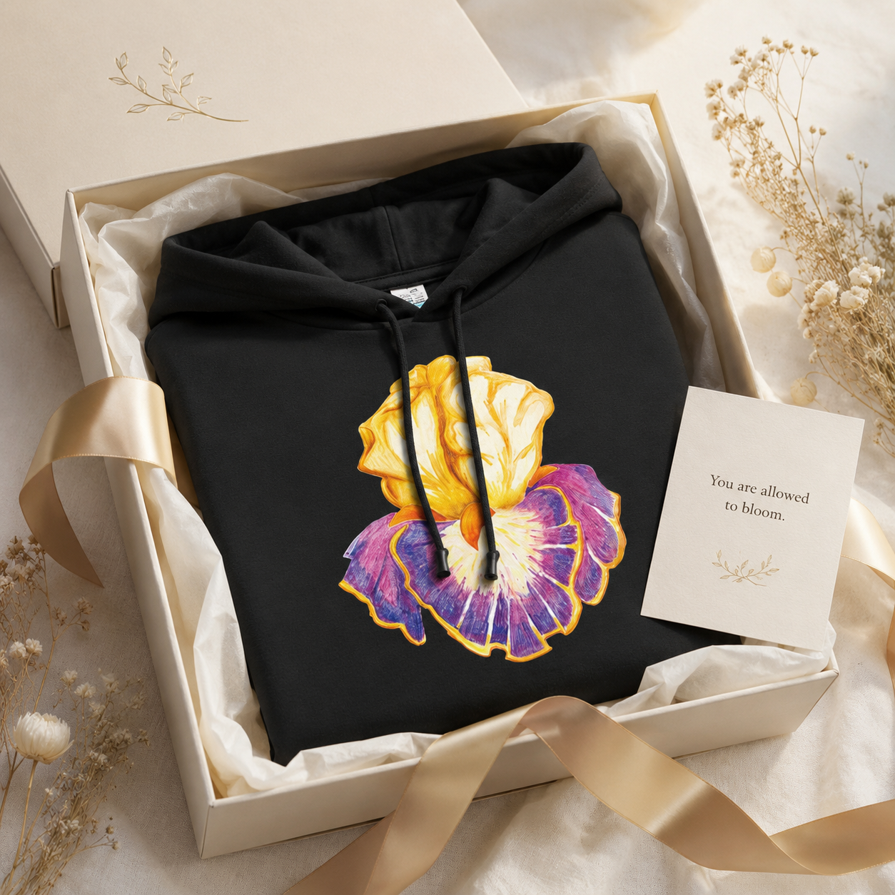 Iris of Solara Mid-Weight Hoodie | Floral Art Hoodie with Printed Design