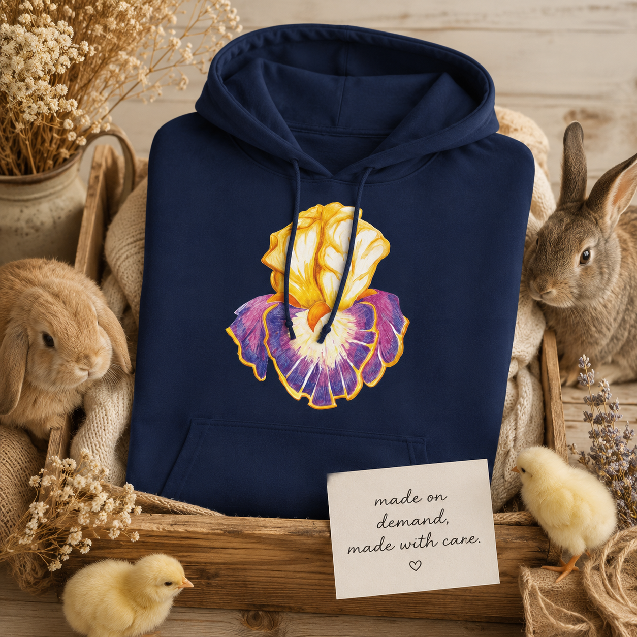 Iris of Solara Mid-Weight Hoodie | Floral Art Hoodie with Printed Design