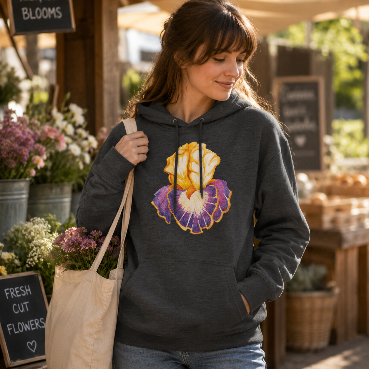 Iris of Solara Mid-Weight Hoodie | Floral Art Hoodie with Printed Design