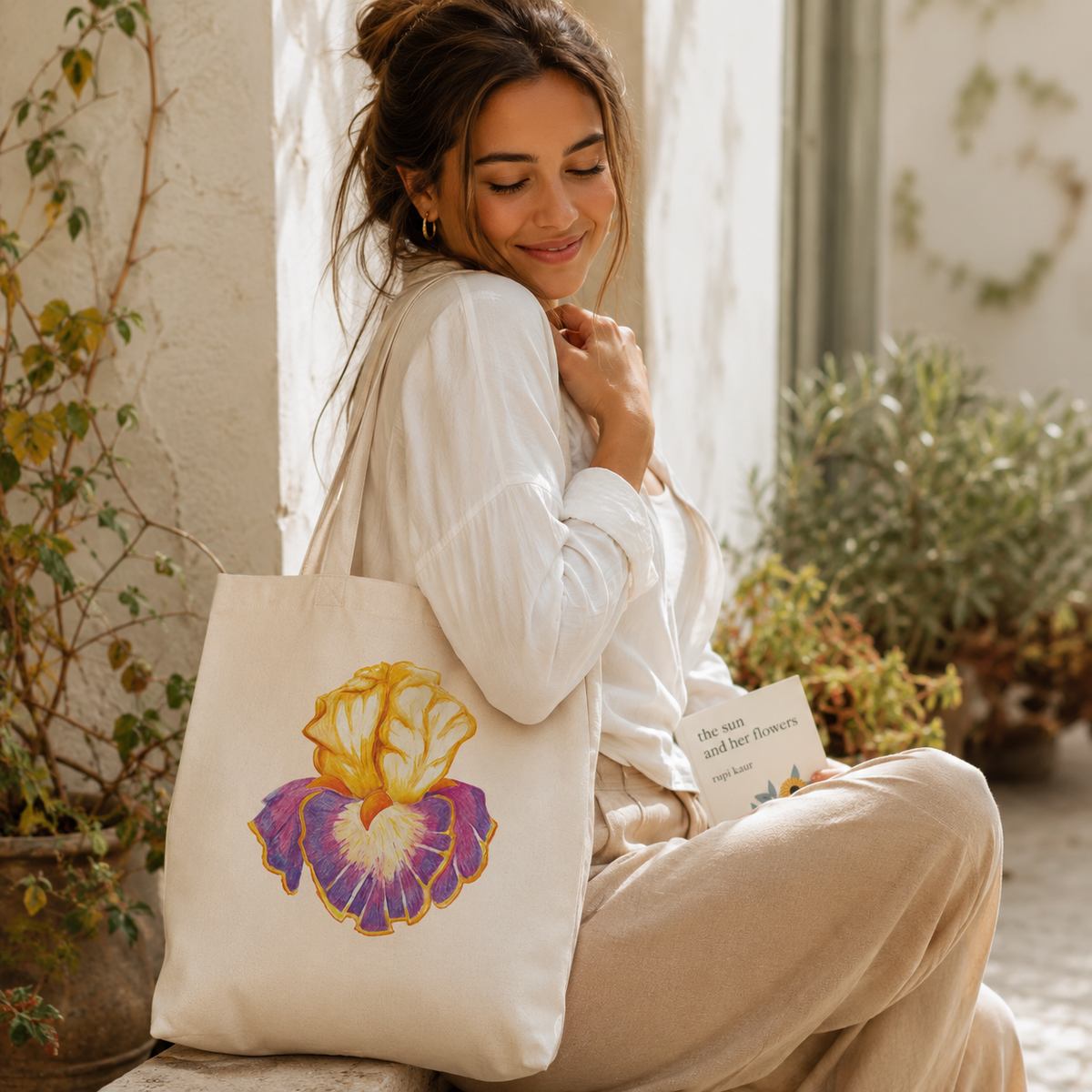 Iris of Solara Cotton Tote Bag | Eco-Friendly Floral Art Tote