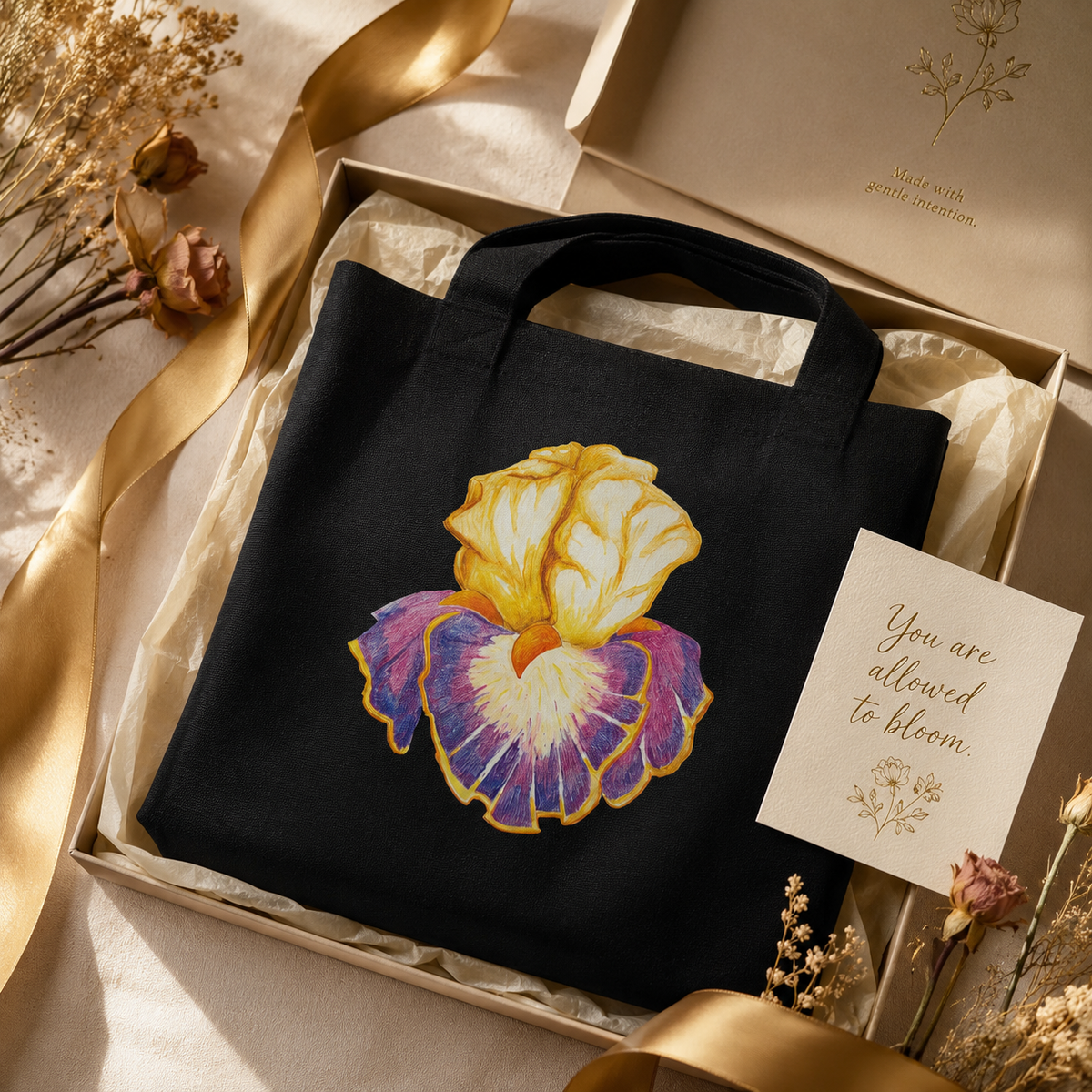 Iris of Solara Cotton Tote Bag | Eco-Friendly Floral Art Tote