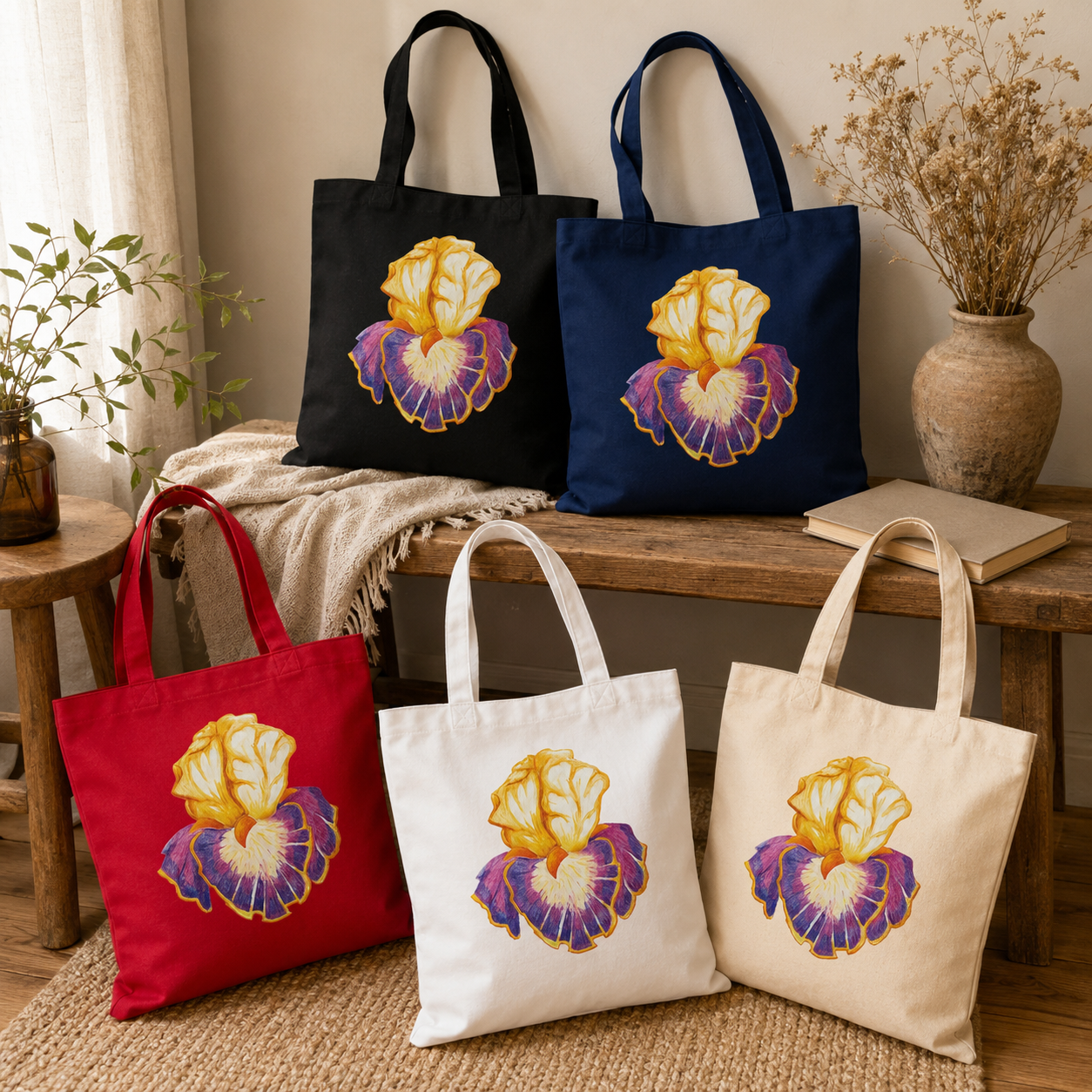 Iris of Solara Cotton Tote Bag | Eco-Friendly Floral Art Tote