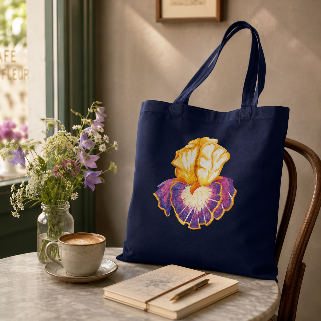 Iris of Solara Cotton Tote Bag | Eco-Friendly Floral Art Tote