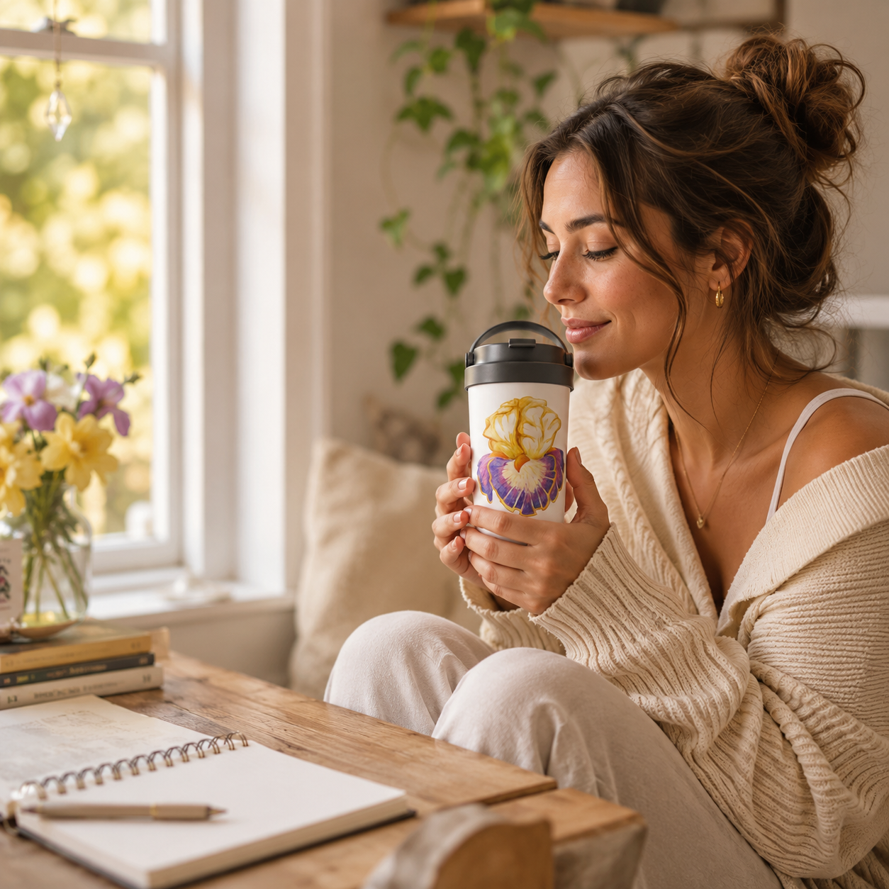 Iris of Solara Travel Mug | Floral Stainless Steel Mug for Mindful Living
