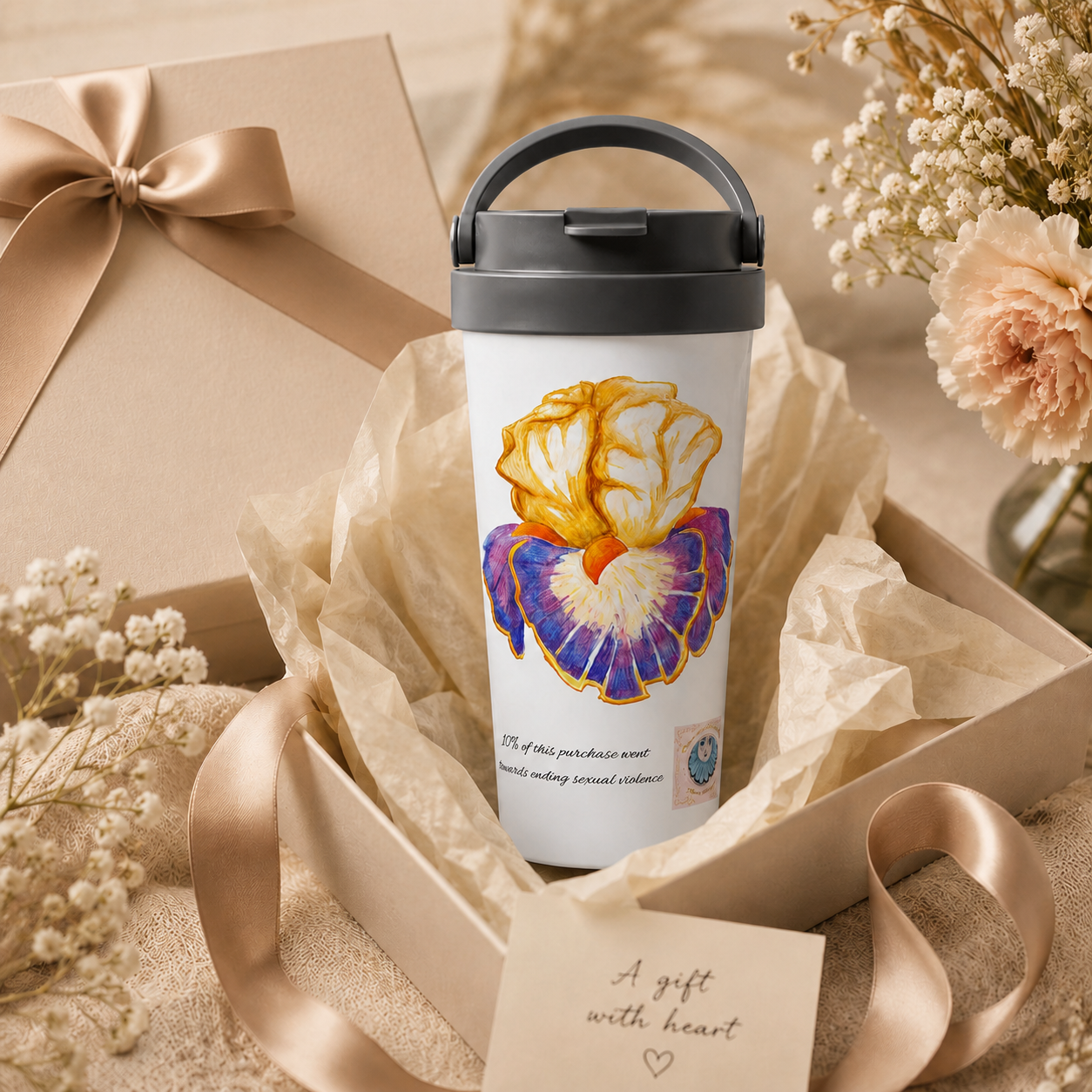 Iris of Solara Travel Mug | Floral Stainless Steel Mug for Mindful Living