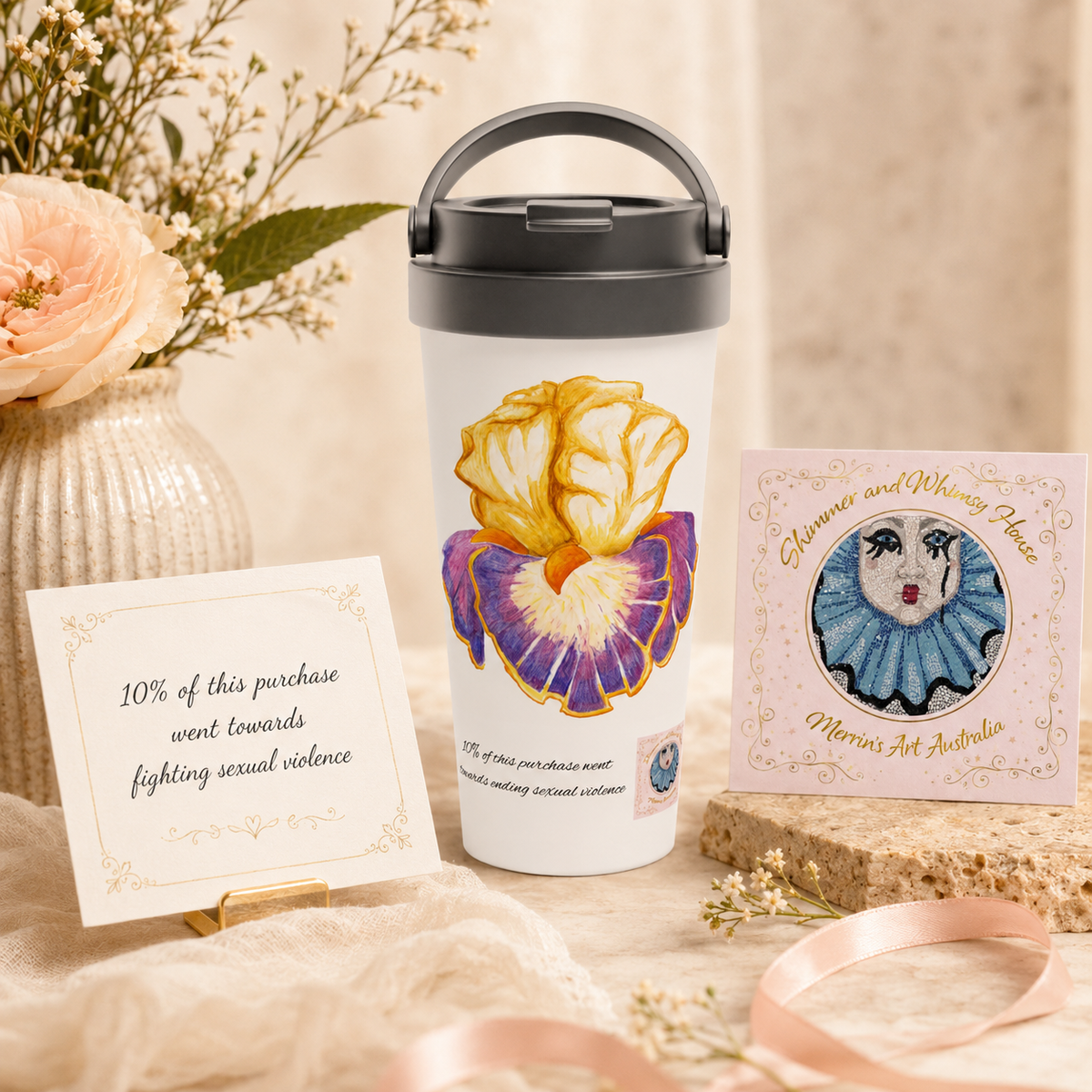 Iris of Solara Travel Mug | Floral Stainless Steel Mug for Mindful Living