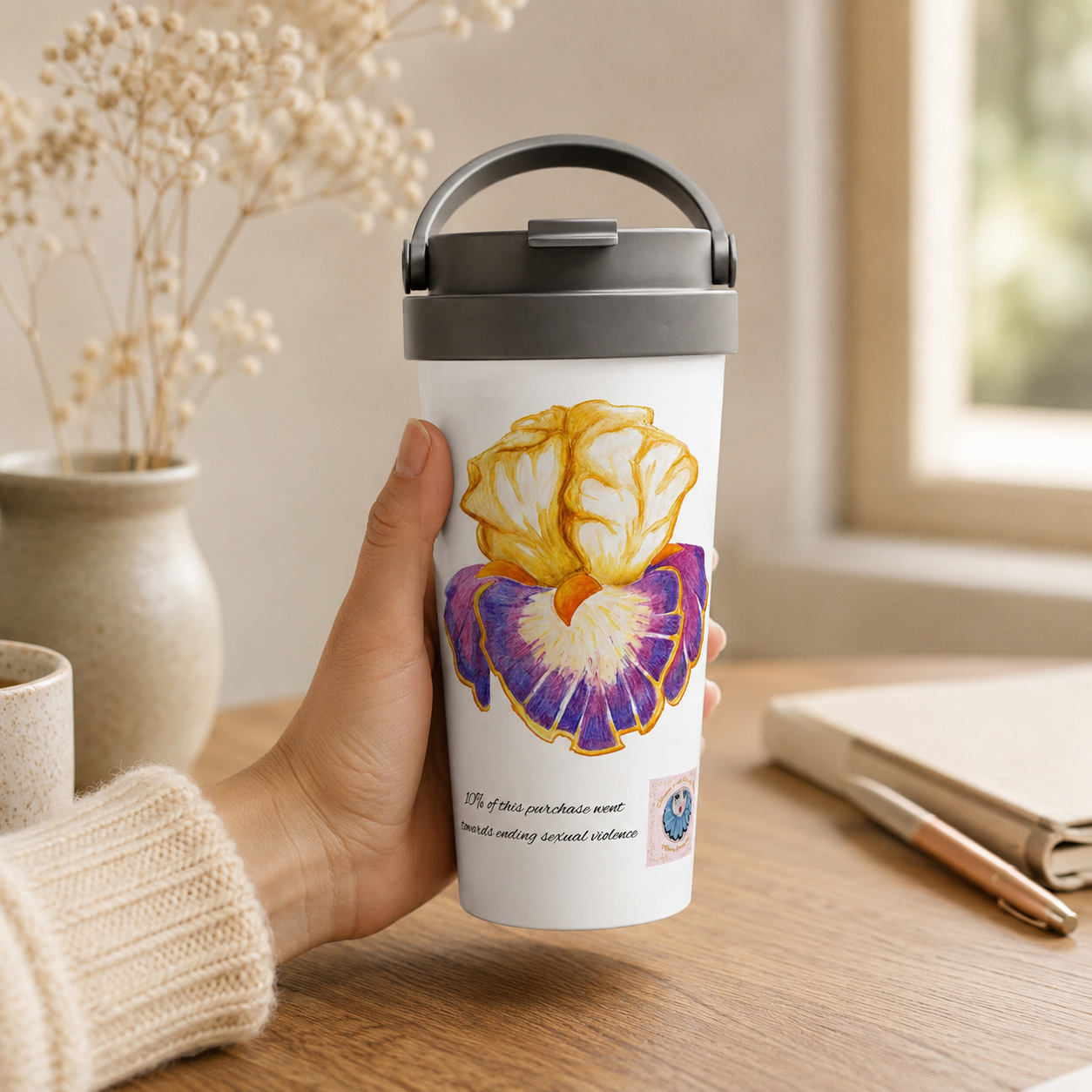 Iris of Solara Travel Mug | Floral Stainless Steel Mug for Mindful Living