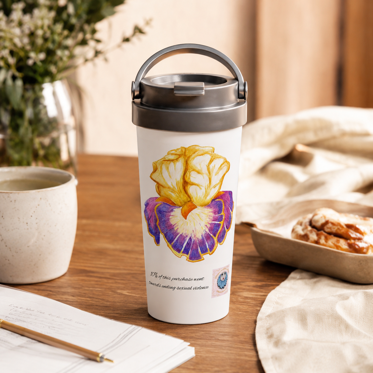 Iris of Solara Travel Mug | Floral Stainless Steel Mug for Mindful Living