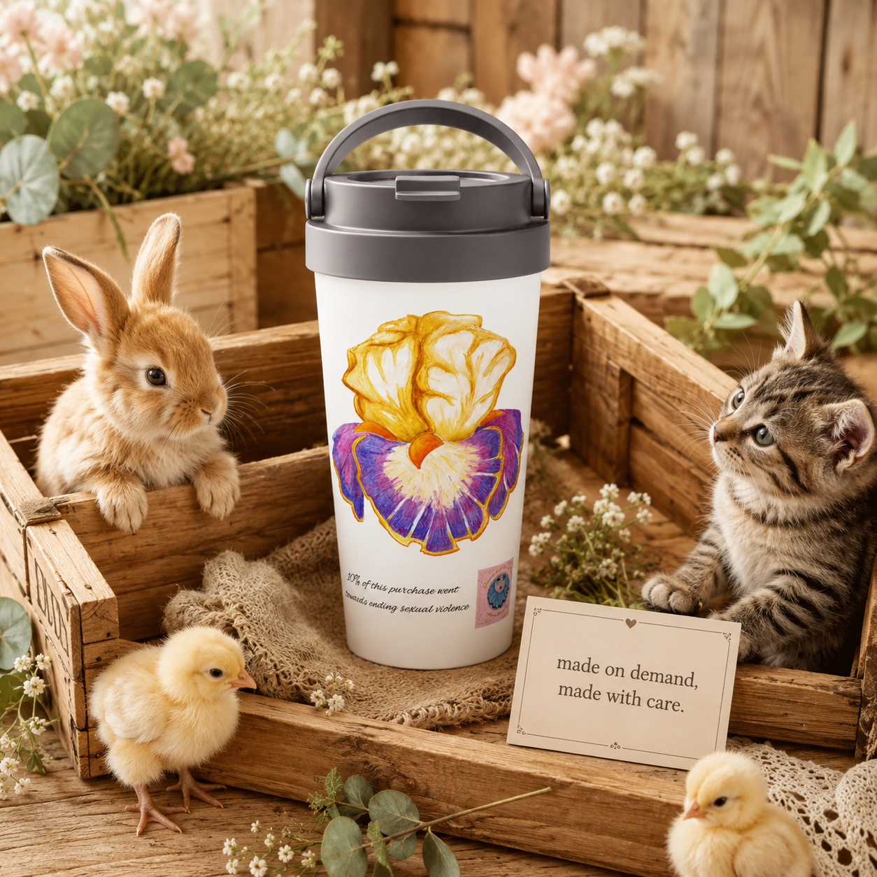 Iris of Solara Travel Mug | Floral Stainless Steel Mug for Mindful Living