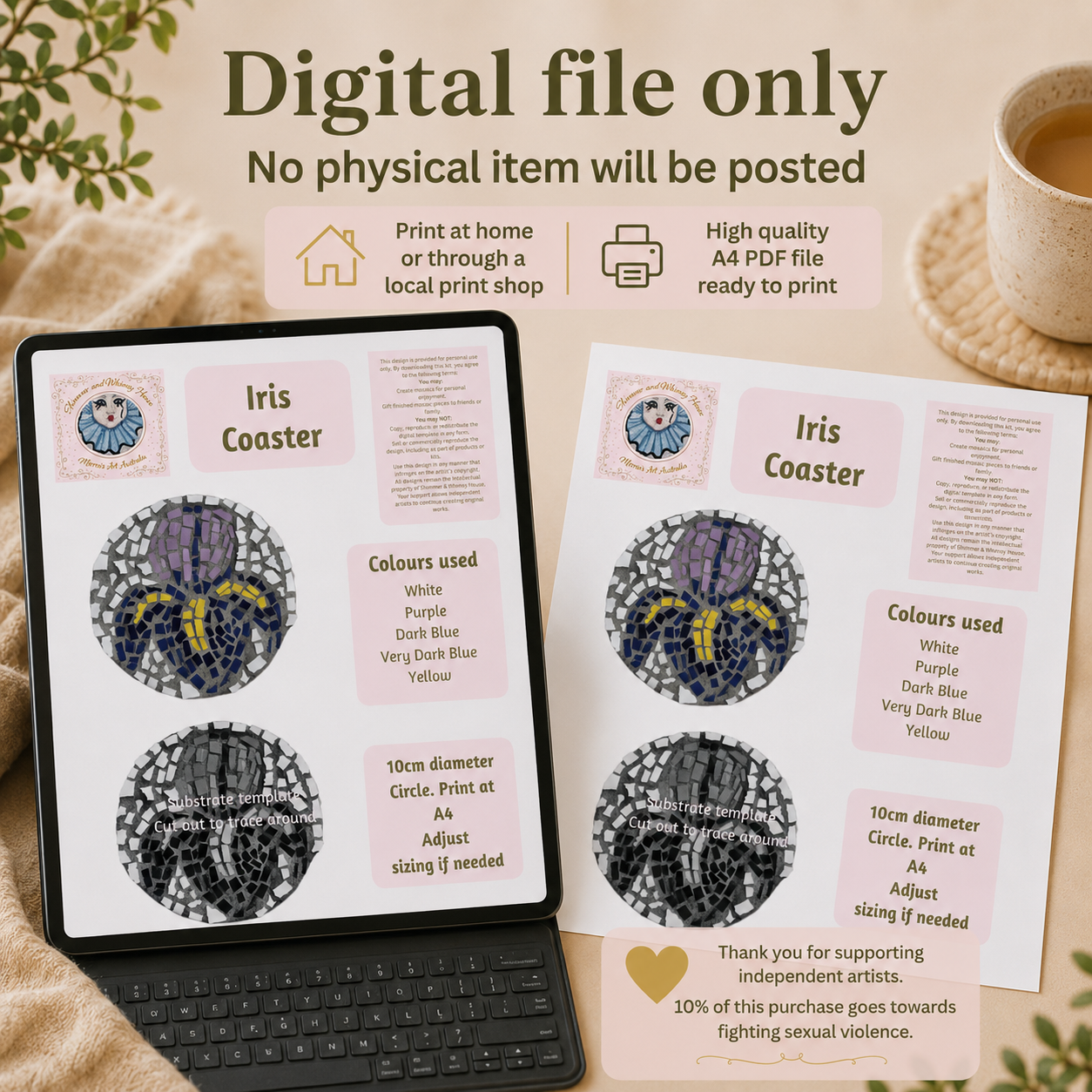 Iris Mosaic Coaster DIY Kit – 10cm Round | Beginner-Friendly  | 🌱 Level 1