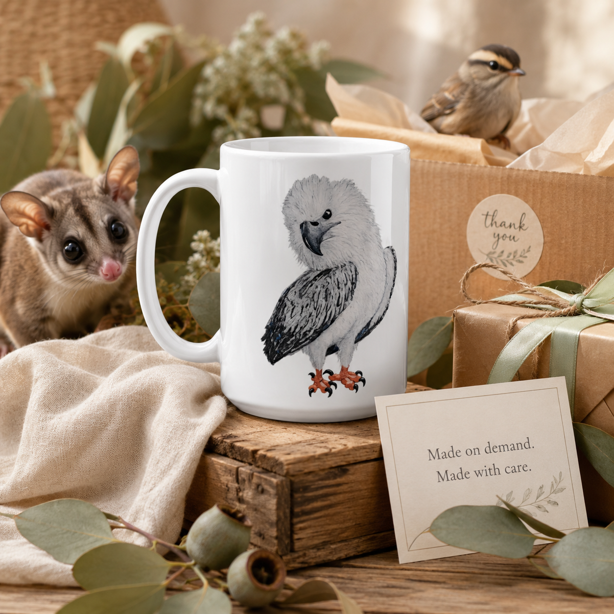 White 15oz Ceramic Mug | Useful Everyday | "Just a Lil Nibble" White-bellied Sea Eagle Artwork