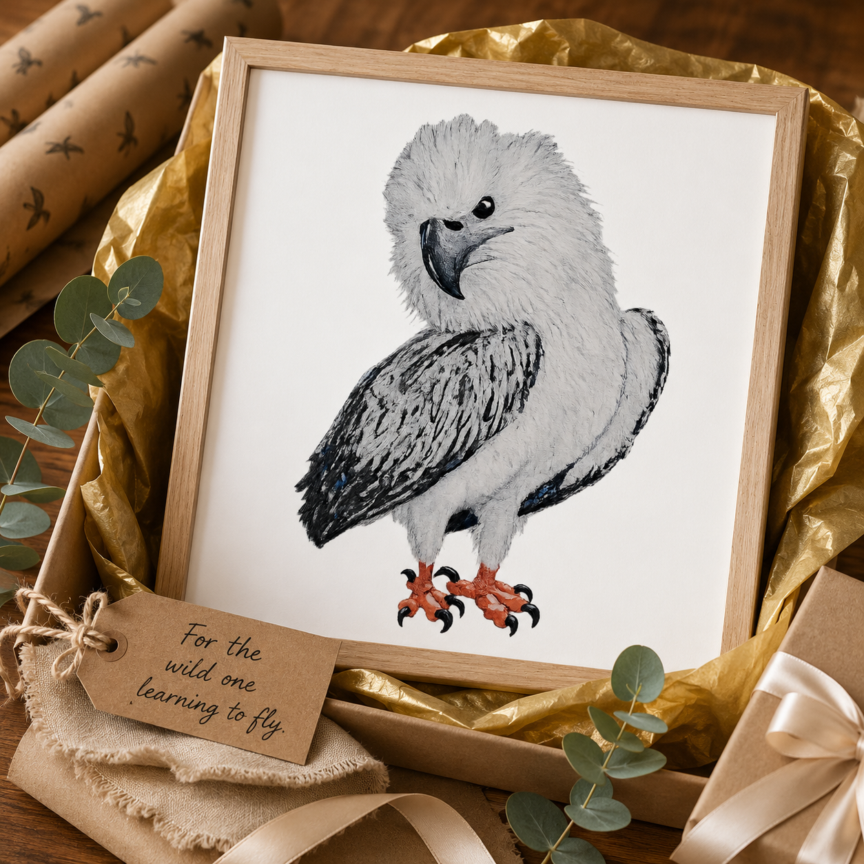 Premium Wooden Framed Poster With Museum-Quality Matte Paper | "Just a Lil Nibble" White-bellied Sea Eagle Artwork
