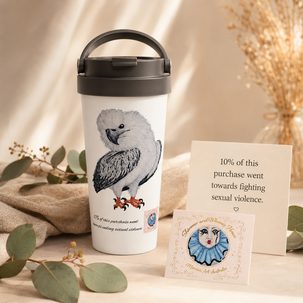 White 15oz Stainless Steel Travel Mug | Useful Everyday | "Just a LIl Nibble" White-bellied Sea Eagle