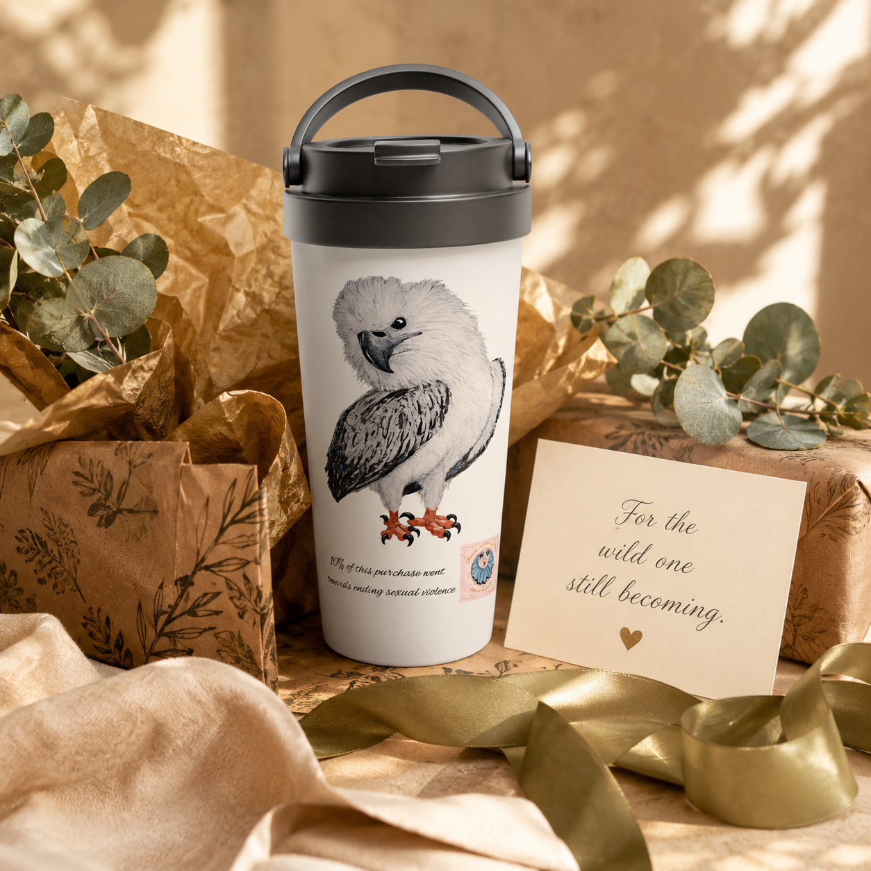 White 15oz Stainless Steel Travel Mug | Useful Everyday | "Just a LIl Nibble" White-bellied Sea Eagle