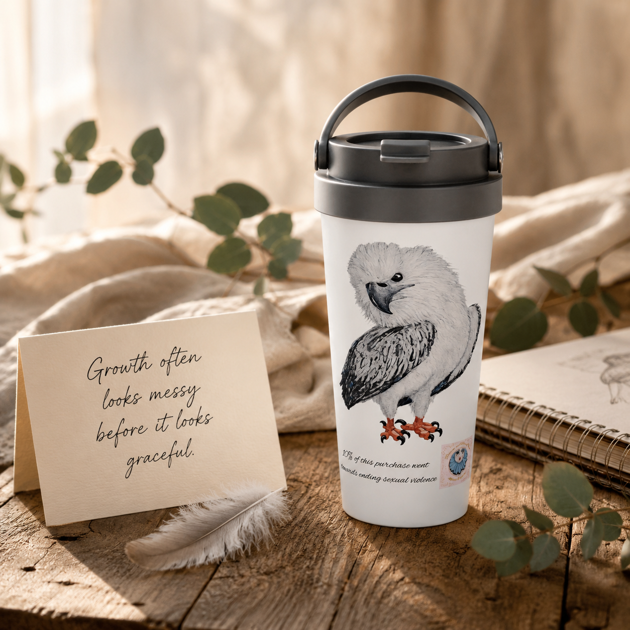 White 15oz Stainless Steel Travel Mug | Useful Everyday | "Just a LIl Nibble" White-bellied Sea Eagle