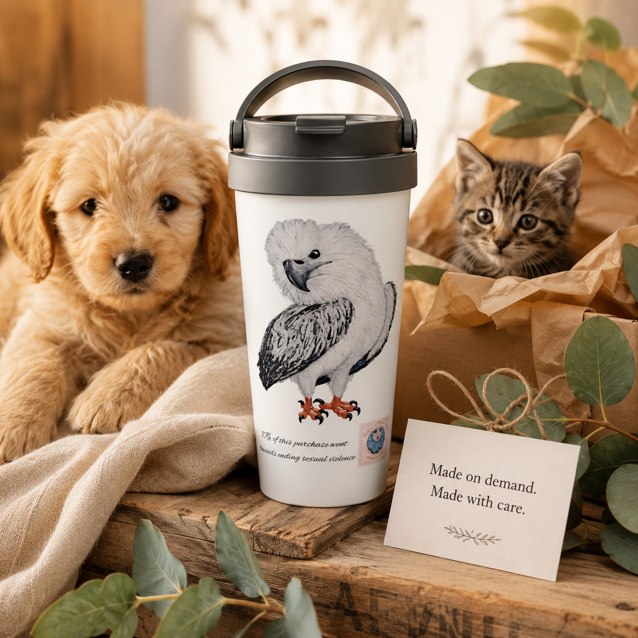 White 15oz Stainless Steel Travel Mug | Useful Everyday | "Just a LIl Nibble" White-bellied Sea Eagle