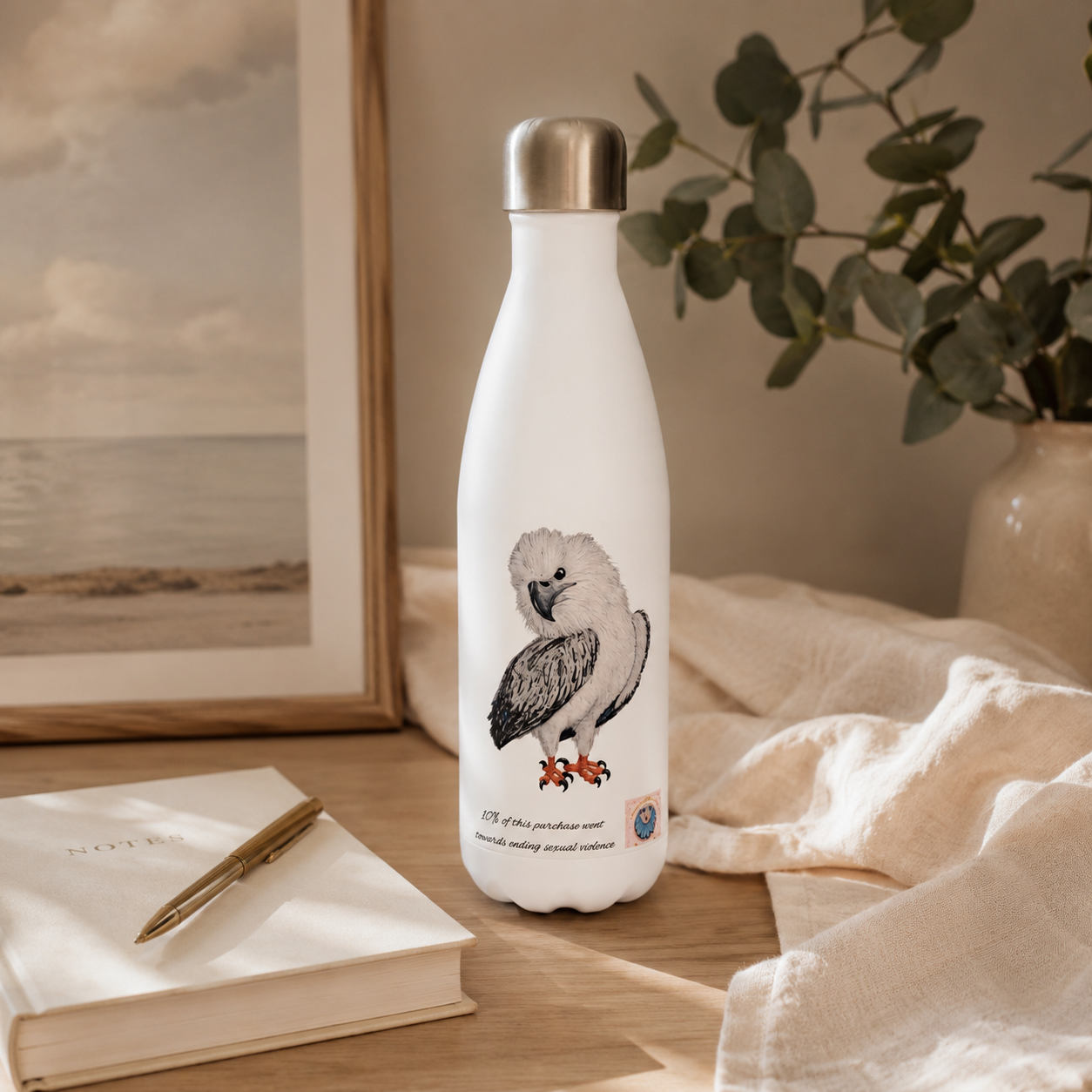 White 17oz Stainless Steel Water Bottle | Useful Everyday | "Just a Lil Nibble" White-bellied Sea Eagle Artwork