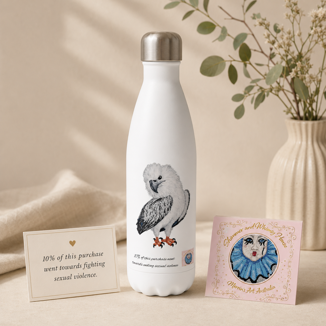 White 17oz Stainless Steel Water Bottle | Useful Everyday | "Just a Lil Nibble" White-bellied Sea Eagle Artwork